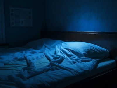 Bed That Is Unmade With Blue Lights