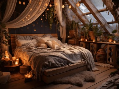 Bed With Candles And Plants In The Space