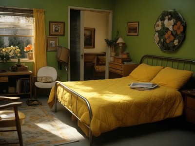 Bed With Yellow Bedding And A Chair