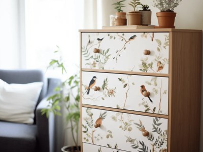 Bedroom Furniture Set With Plants And A Bird'S Print Chest