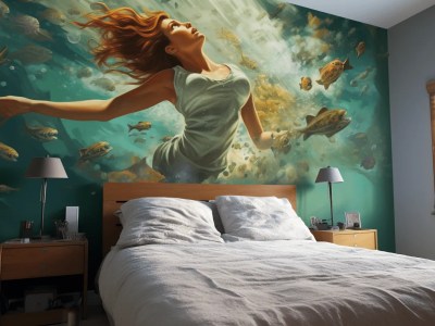 Bedroom With A Picture Of A Woman Kicking Up Her Feet Underwater