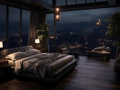 Bedroom With A View Of The Mountains At Midnight