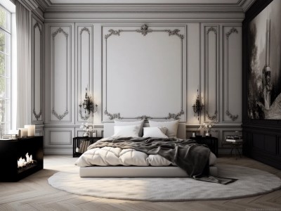 Bedroom With An Ornate, Black And White Theme