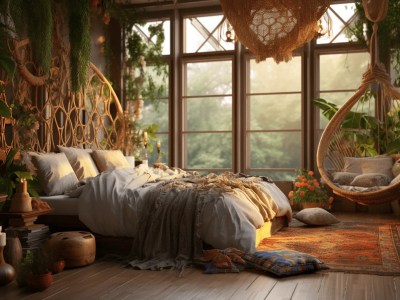 Bedroom With Hanging Pots, A Hammock, And A Room With Two Windows