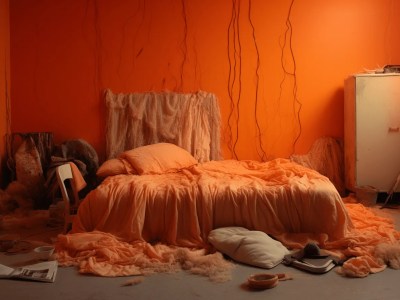 Bedroom With Orange Walls And Lots Of Debris Around The Bed