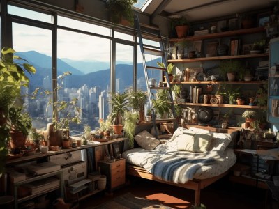 Bedroom With Plants On The Windows And A Window Pane