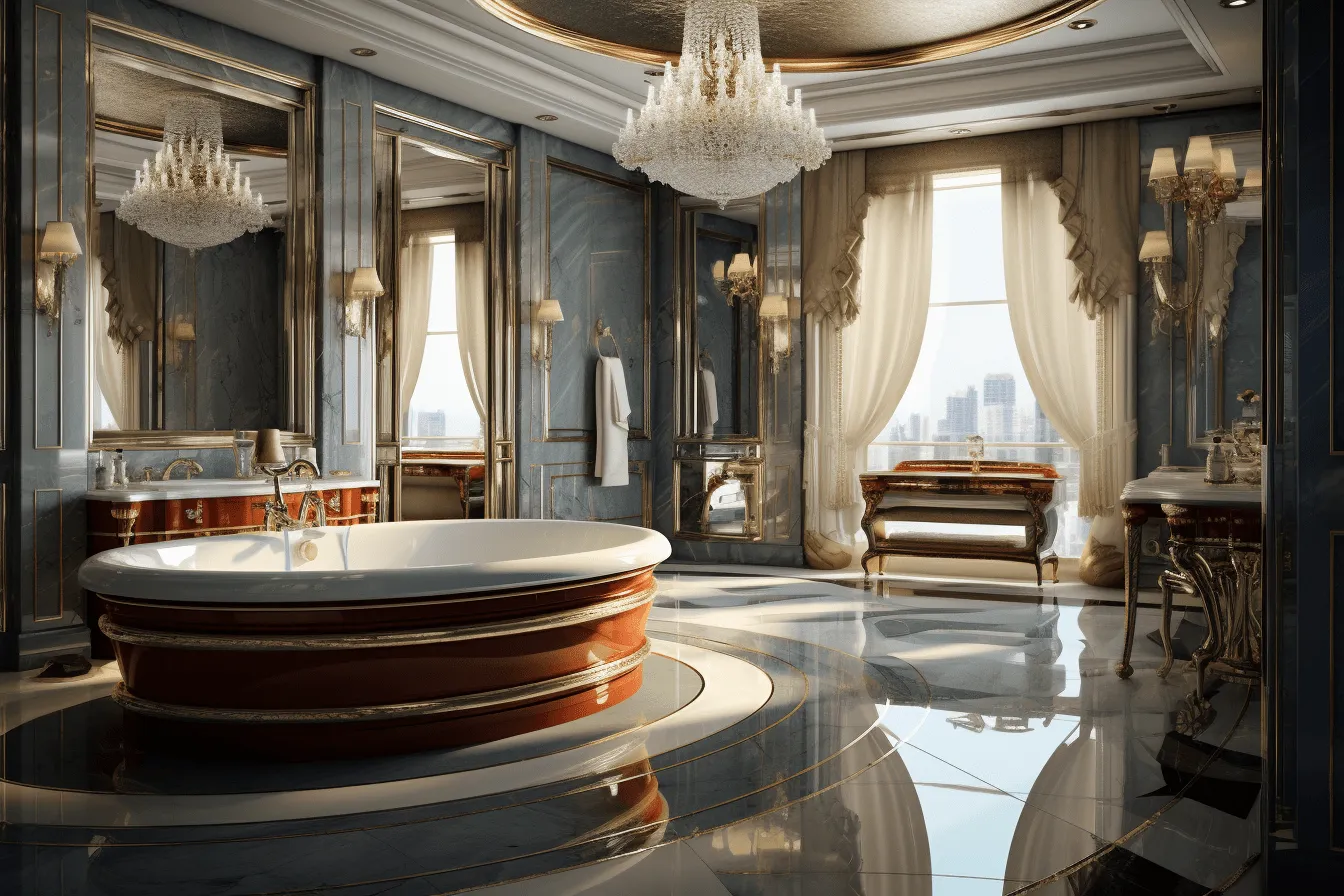 Beautiful luxury bathroom with modern furniture, dark gold and light blue, global illumination, rococo interiors, light amber and gray, rounded, highly polished surfaces, light red and dark blue