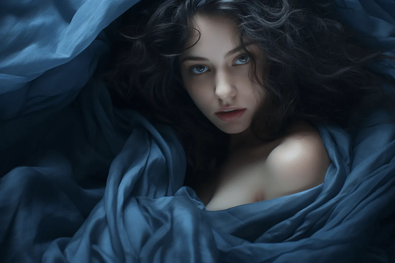 Woman lies under cover of blue, expressing happiness – stock image 2867862, gothic dark and moody tones, hyperrealistic fantasy, flowing fabrics, zeiss milvus 25mm f/1.4 ze., light crimson and blue, caravaggesque, intense gaze