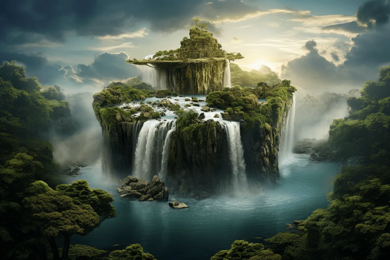 Beautiful fantasy landscape with a waterfall and clouds, grandiose ruins, iconic, techno shamanism, national geographic photo, richly layered, biblical grandeur, furaffinity