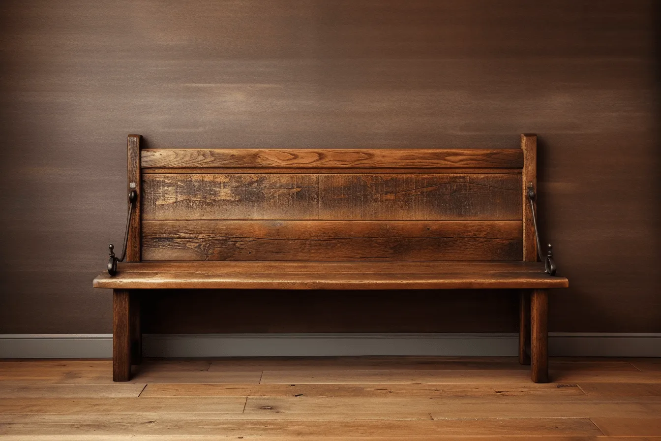 Bench in a room with a brown wall, rustic americana, high detailed, biblical grandeur, larme kei, historical reproductions, staining, industrial