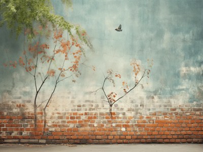 Bird Flies Near An Old Brick Wall