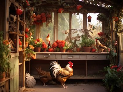 Birds, Potted Plants And A Rooster Inside A Shed