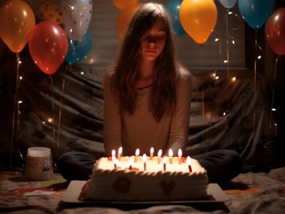 Birthday Girl Sitting On Her Bed With Table Covered In Balloons And Candles