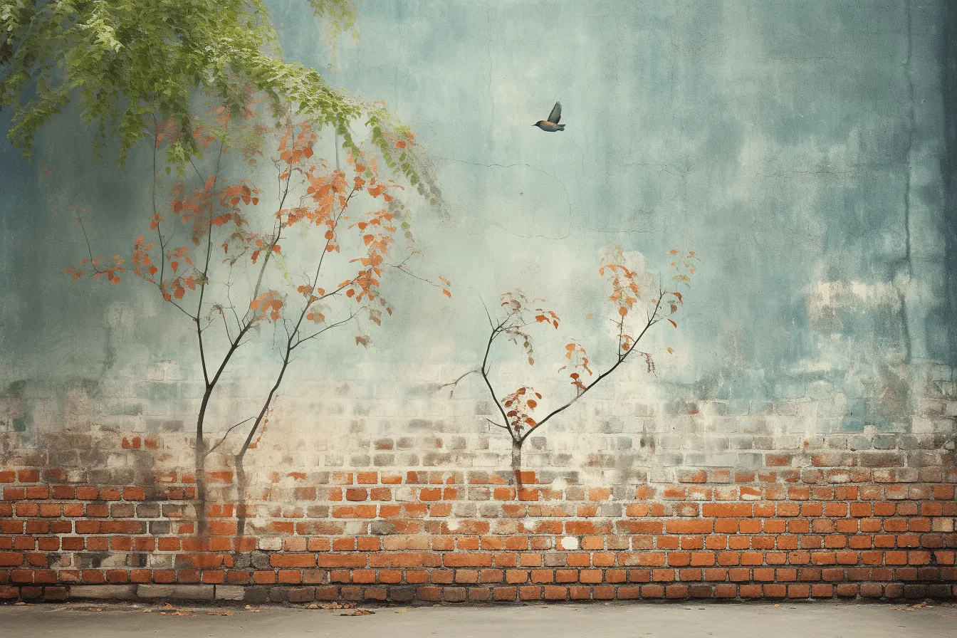 Bird perches on the brick wall, dreamy landscapes, textured backgrounds, traditional vietnamese, soft mist, tonalism, street art photography, digitally manipulated images