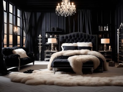 Black And White Bedroom With A Chandelier And Fur Rug