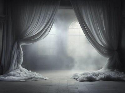 Black And White Image Of Curtains In A Room That Has Fog