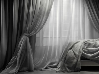 Black And White Images Of A Bed With Curtains Next To It,