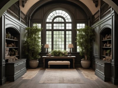 Black Arched Room With Plants And Tables