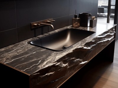 Black Bathroom Design With Black Marble Countertop And Bathroom Sink