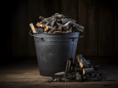 Black Bucket On Wooden Background With Iron Logs