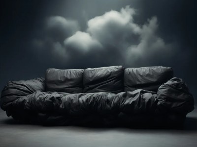 Black Couch Sitting In A Room With Cloud And Dark Skies