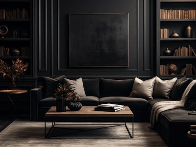 Black Living Room With A Brown Sofa And Bookshelf