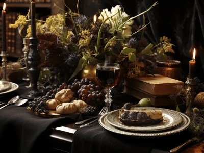 Black Setting With Candles And Grapes And Wine Glasses