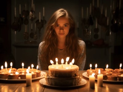 Blonde Blond Girl In Front Of Cake With Candles On It