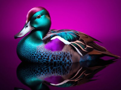 Blue And Purple Duck On The Reflection Of Black Surface