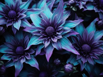 Blue And Purple Flowers On A Dark Background