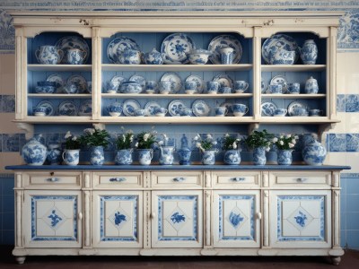 Blue And White Cabinet Filled With Various Ceramics