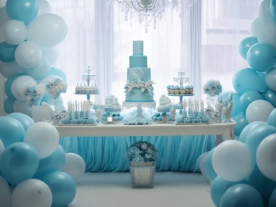 Blue And White Table With Balloons, A Cake And Candles