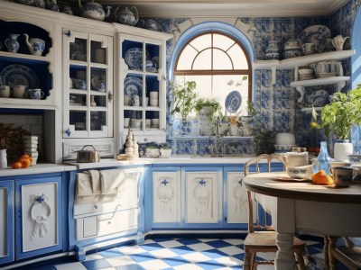 Blue And White Tiled Kitchen With Lots Of Vintage Cupboards