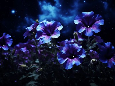 Blue Flowers On A Bright Night Sky With Stars