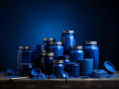 Blue Jars On A Wooden Table