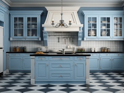 Blue Kitchen With Checkered Tiles