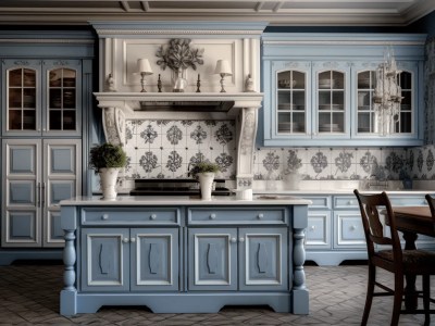 Blue Kitchen With Ornate Patterned Cabinets