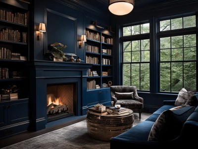 Blue Living Room With Fireplace And Bookshelf Next To A Fireplace In The Room