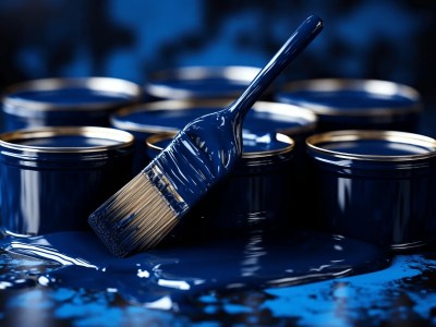 Blue Paint Cans With Brush Next To Them