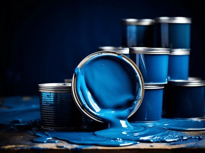 Blue Paint On A Tray With Cans Splattering,