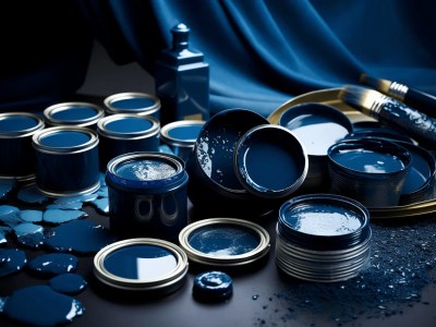 Blue Paints And Painting Supplies On Black Background With Some Splattered Paint