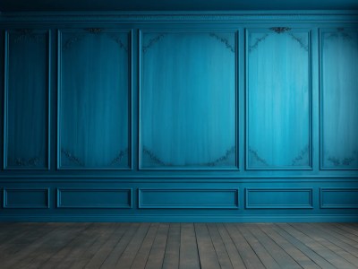 Blue Room With Wood Floors And Wooden Board On The Walls