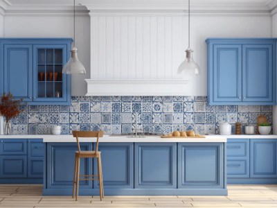 Blue Tiled Kitchen With White Walls And Chairs