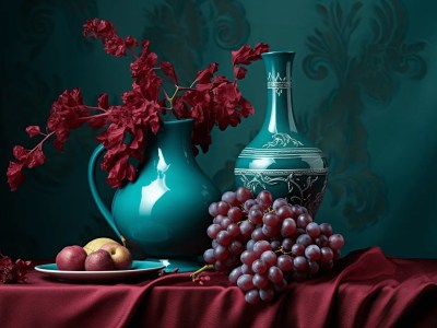 Blue Vase On Table With Green Grapes On It