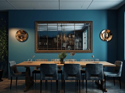 Blue Walled Dining Room With A Large Mirror