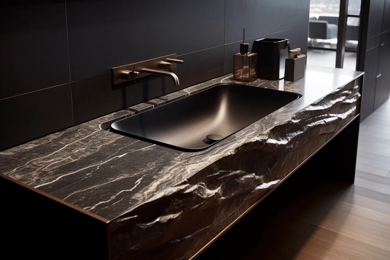 Bathroom vanity with marble top, dark and brooding designer, layered and textured surfaces, bronze and black, colour materiality, uhd image, dark silver and light red, linear elegance