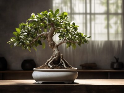 Bonsai Is In A Wood Bowl Sitting On Top Of A Table