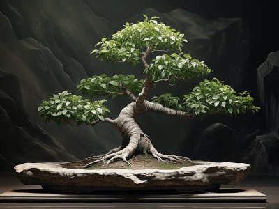 Bonsai Tree On A Flat Surface In Front Of A Rock