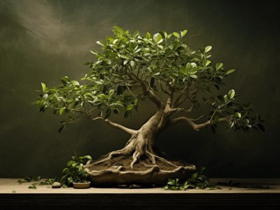 Bonsai Tree On Table In Dark Environment