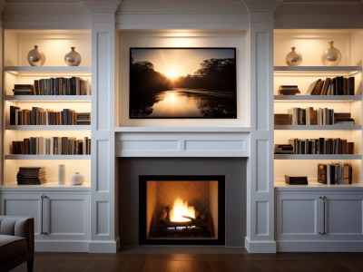 Bookcases With Fireplace Under A Framed Picture